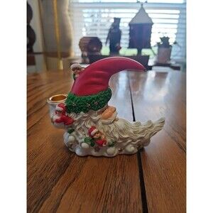 Vintage Santa Claus W/Elves Ceramic Crescent Moon Taper Holder 5in T 6.5in W